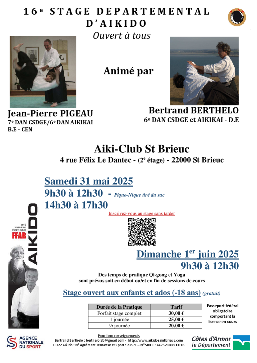 Affiche du Stage d'Aïkido à Saint-Brieuc animé par Jean-Pierre Pigeau et Bertrand Berthelo du samedi 31 mai 2025 au dimanche 1 juin 2025