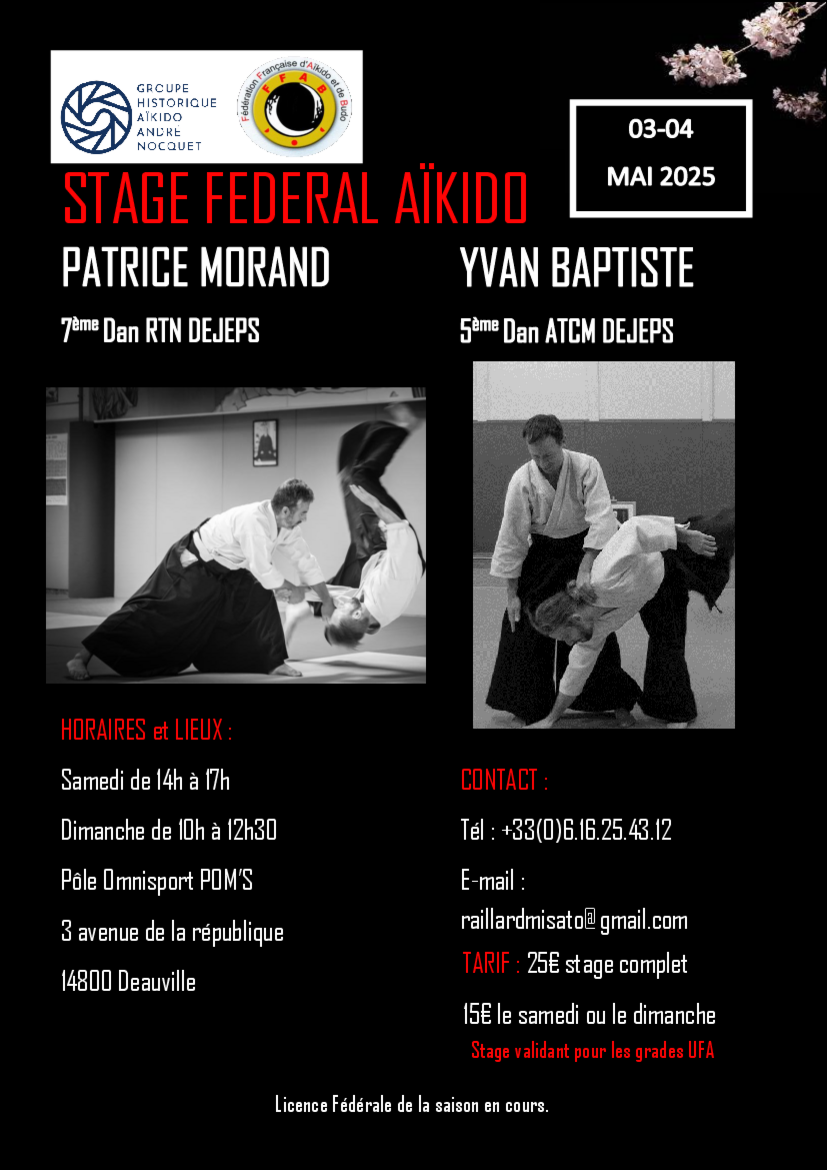 Affiche du Stage d'Aïkido à Deauville animé par Patrice Morand et Yvan Baptiste du samedi 3 mai 2025 au dimanche 4 mai 2025