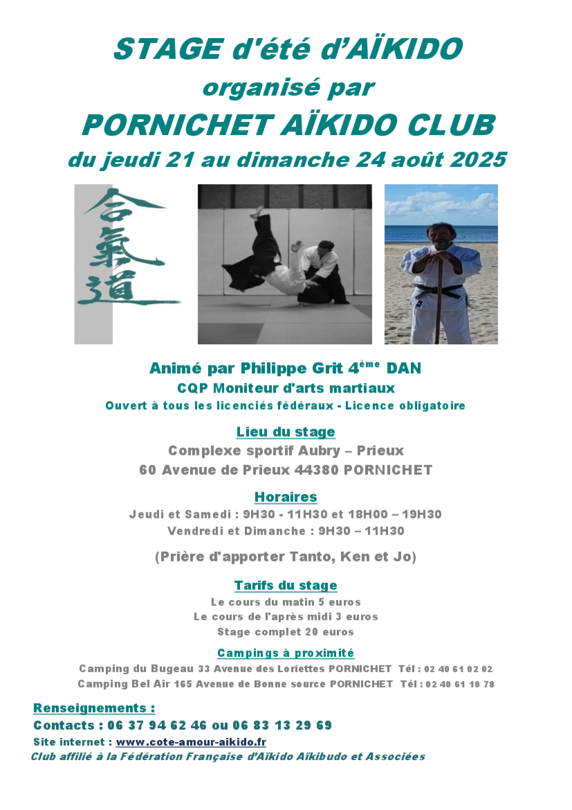 Affiche du Stage d'Aïkido à Pornichet animé par Philippe GRIT du jeudi 21 août 2025 au dimanche 24 août 2025