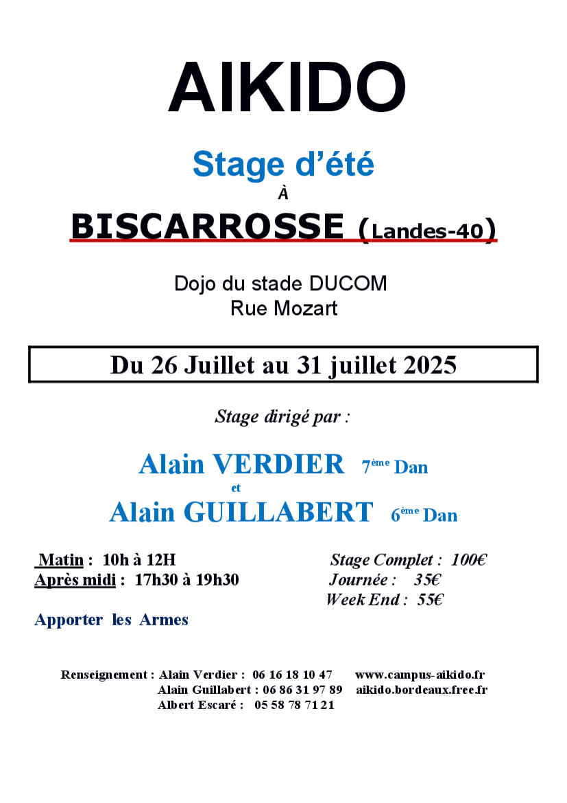 Affiche du Stage d'Aïkido à Biscarrosse animé par Alain Verdier et Alain Guillabert du samedi 26 juillet 2025 au jeudi 31 juillet 2025