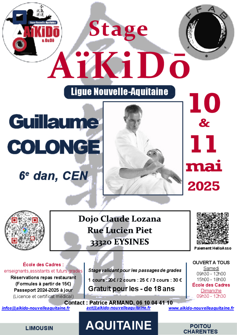 Affiche du Stage d'Aïkido à Eysines animé par Guillaume Colonge du samedi 10 mai 2025 au dimanche 11 mai 2025