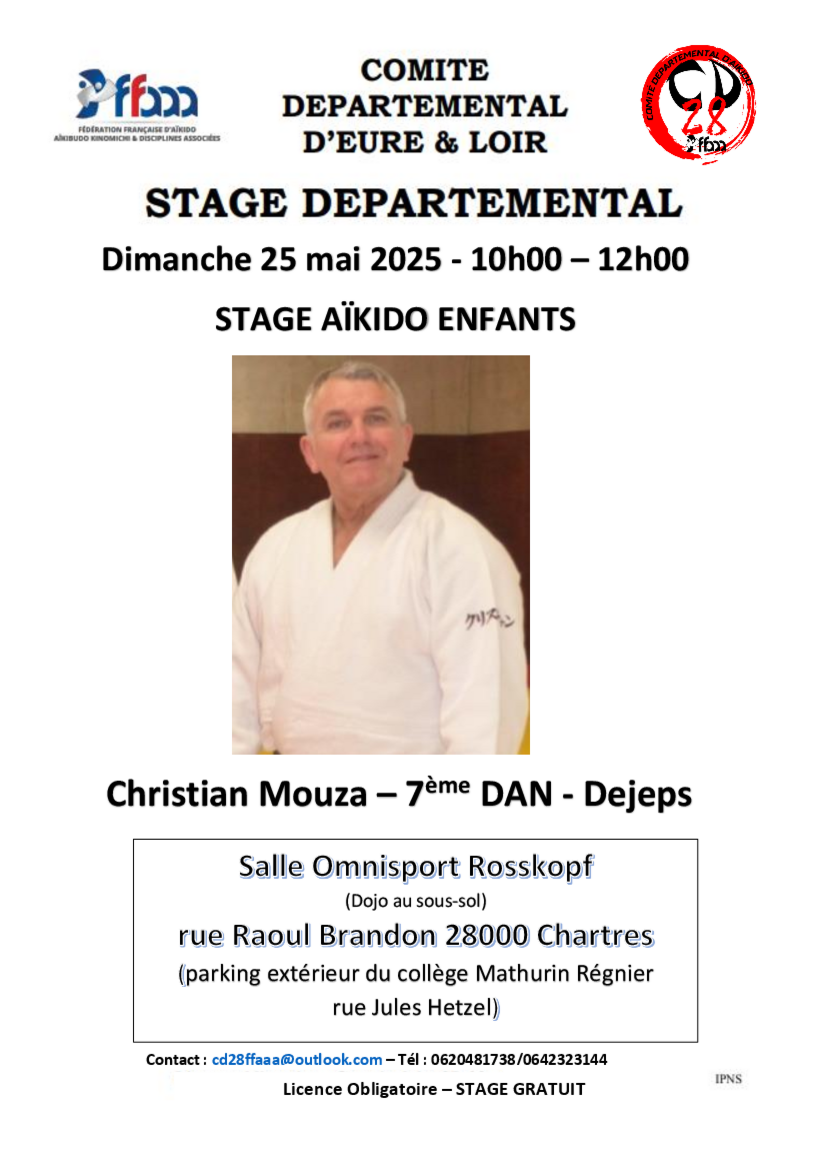 Affiche du Stage d'Aïkido à Chartres animé par Christian Mouza le dimanche 25 mai 2025