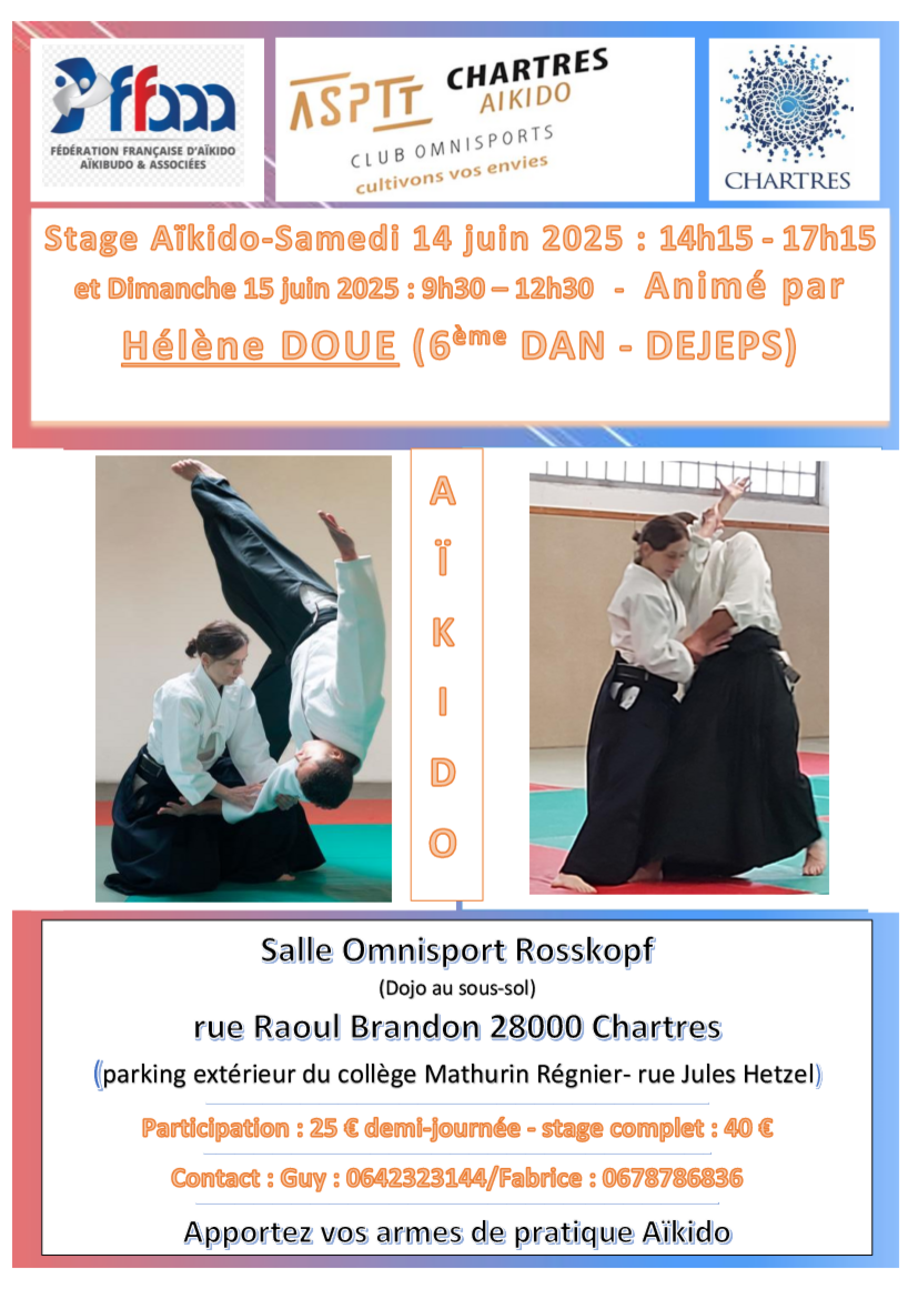 Affiche du Stage d'Aïkido à Chartres animé par Hélène Doué du samedi 14 juin 2025 au dimanche 15 juin 2025