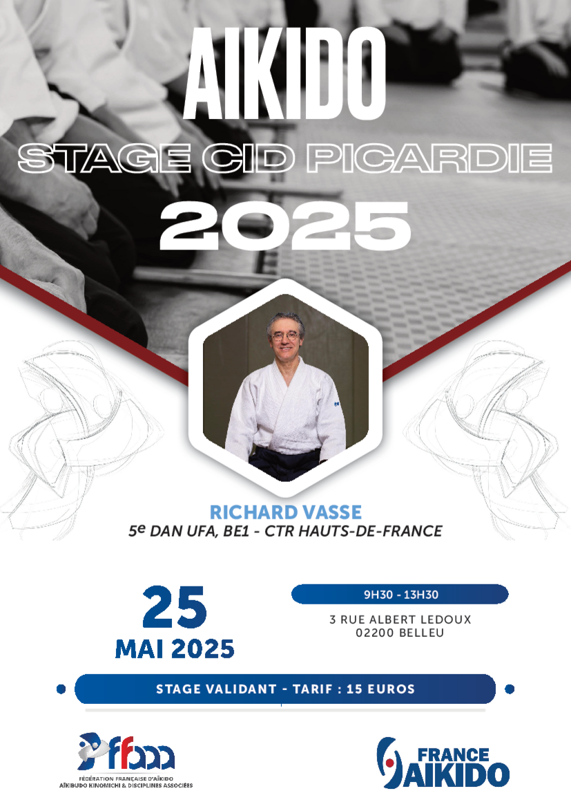 Affiche du Stage d'Aïkido à Belleu animé par Richard Vasse le dimanche 25 mai 2025