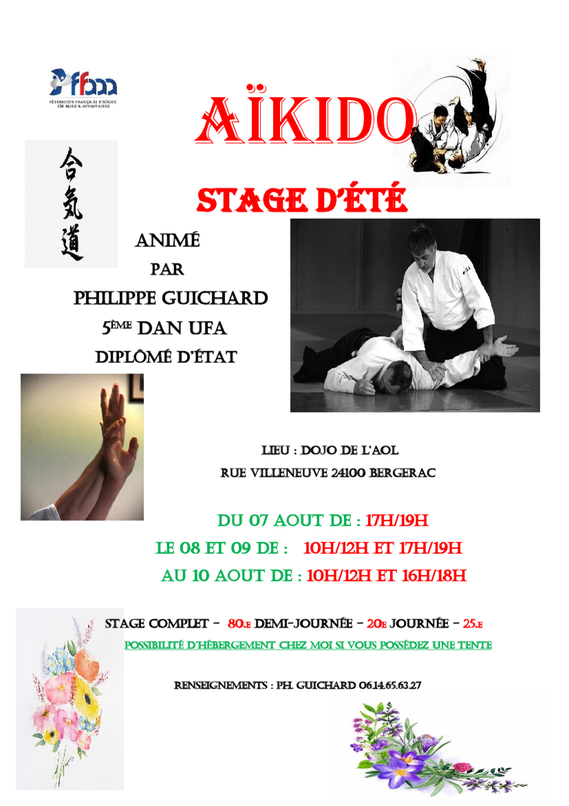 Affiche du Stage d'Aïkido à Bergerac animé par Philippe Guichard du jeudi 7 août 2025 au dimanche 10 août 2025