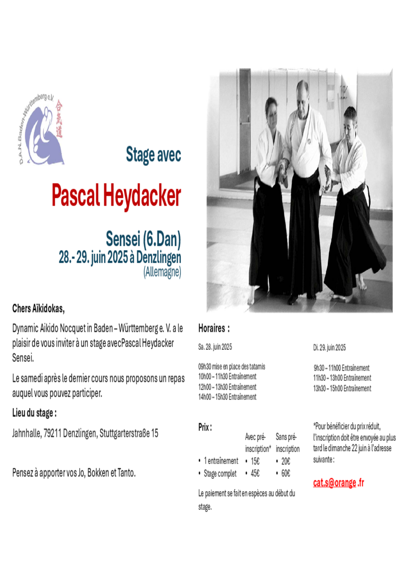 Affiche du Stage d'Aïkido à Denzlingen animé par Pascal Heydacker du samedi 28 juin 2025 au dimanche 29 juin 2025