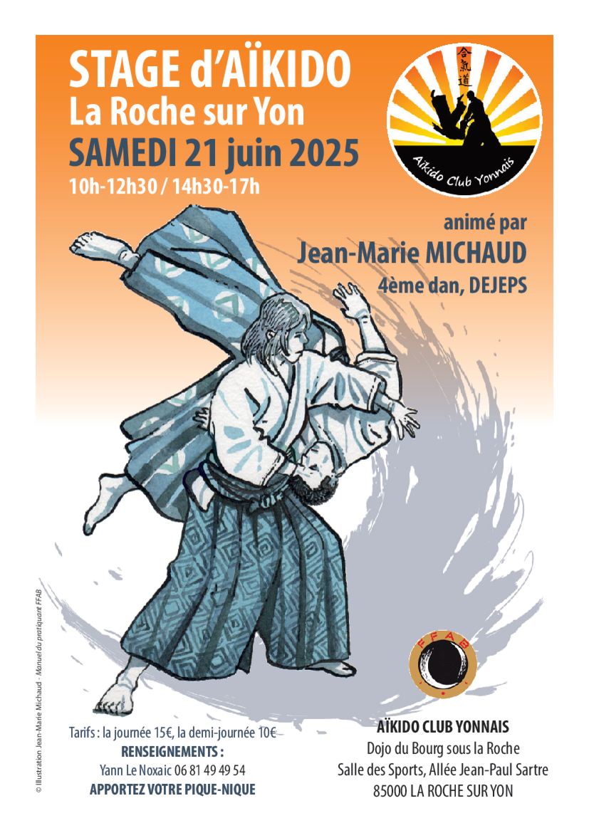 Affiche du Stage d'Aïkido à La Roche-sur-Yon animé par Jean-Marie Michaud le samedi 21 juin 2025