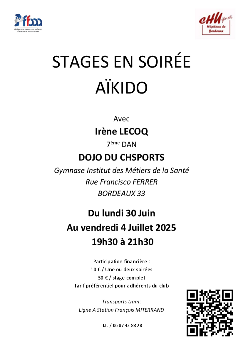Affiche du Stage d'Aïkido à Bordeaux animé par Irène Lecoq du lundi 30 juin 2025 au vendredi 4 juillet 2025