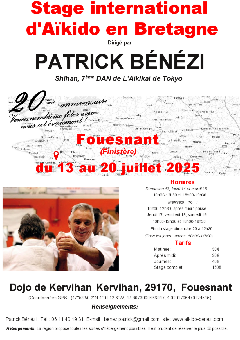 Affiche du Stage d'Aïkido à Fouesnant animé par Patrick Benezi du dimanche 13 juillet 2025 au dimanche 20 juillet 2025