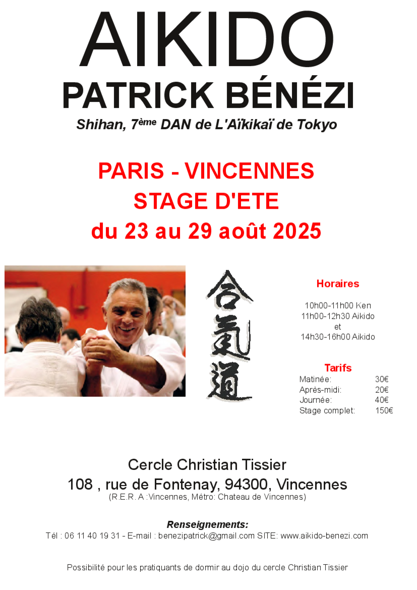 Affiche du Stage d'Aïkido à Vincennes animé par Patrick Benezi du samedi 23 août 2025 au vendredi 29 août 2025