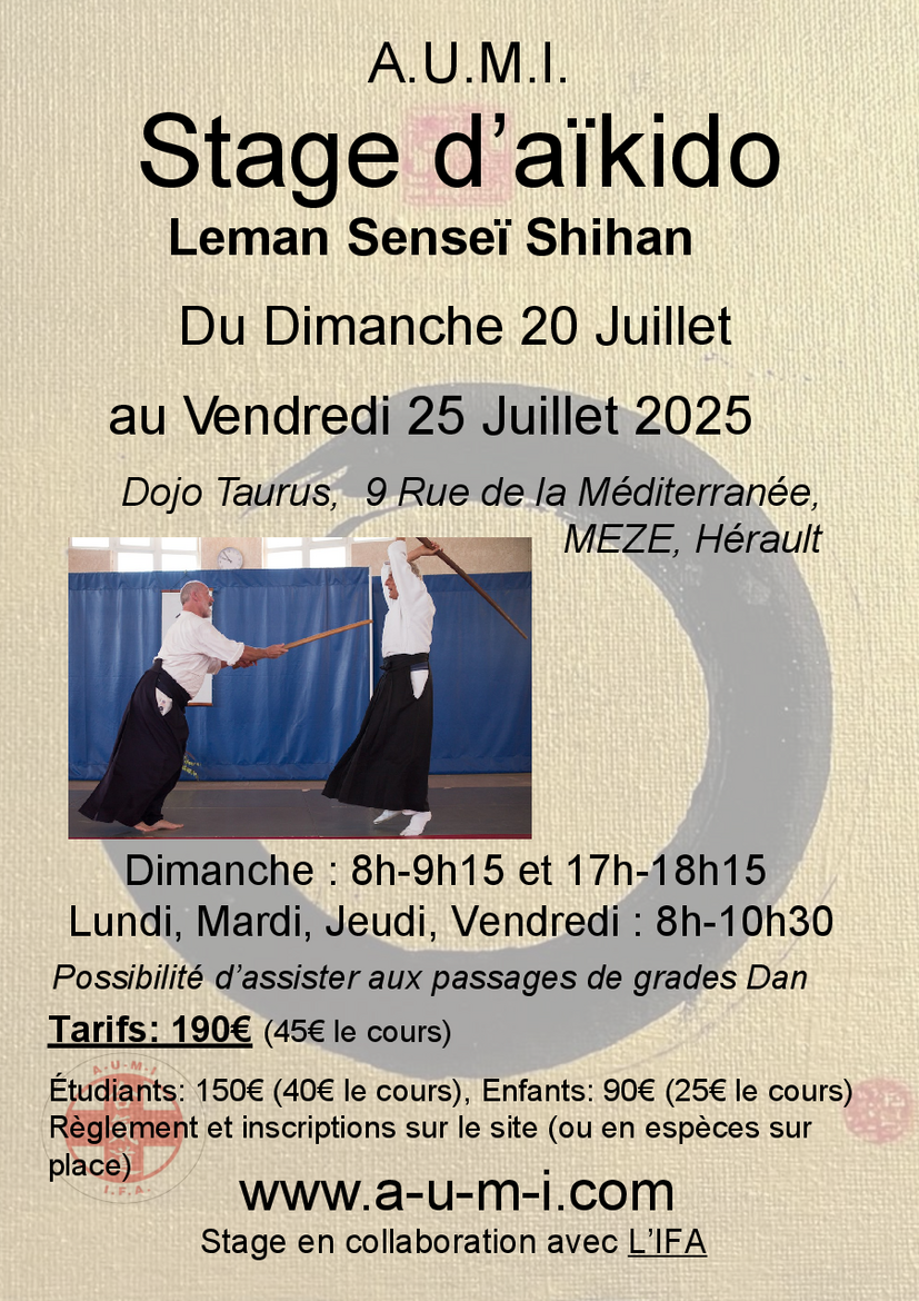 Affiche du Stage d'Aïkido à Mèze animé par Etienne Leman du dimanche 20 juillet 2025 au vendredi 25 juillet 2025