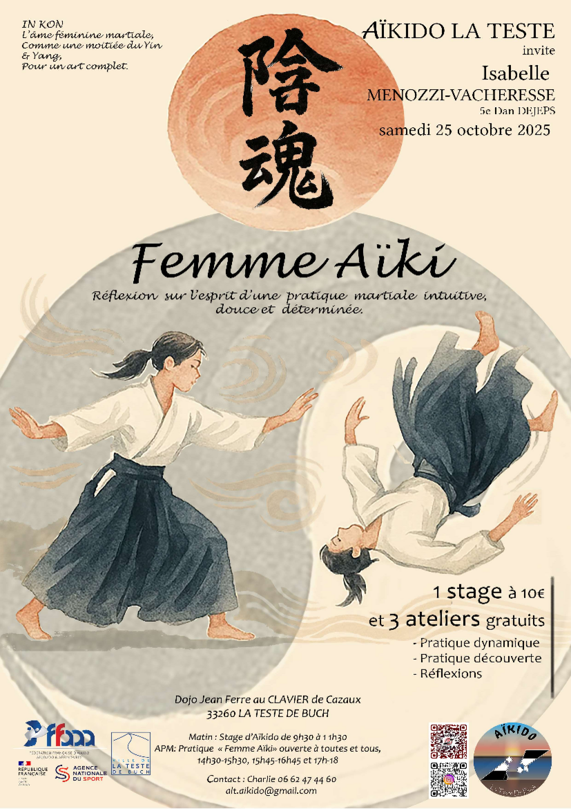 Affiche du Stage d'Aïkido à La Teste-de-Buch animé par Isabelle Menozzi et Isabelle Vacheresse le samedi 25 octobre 2025