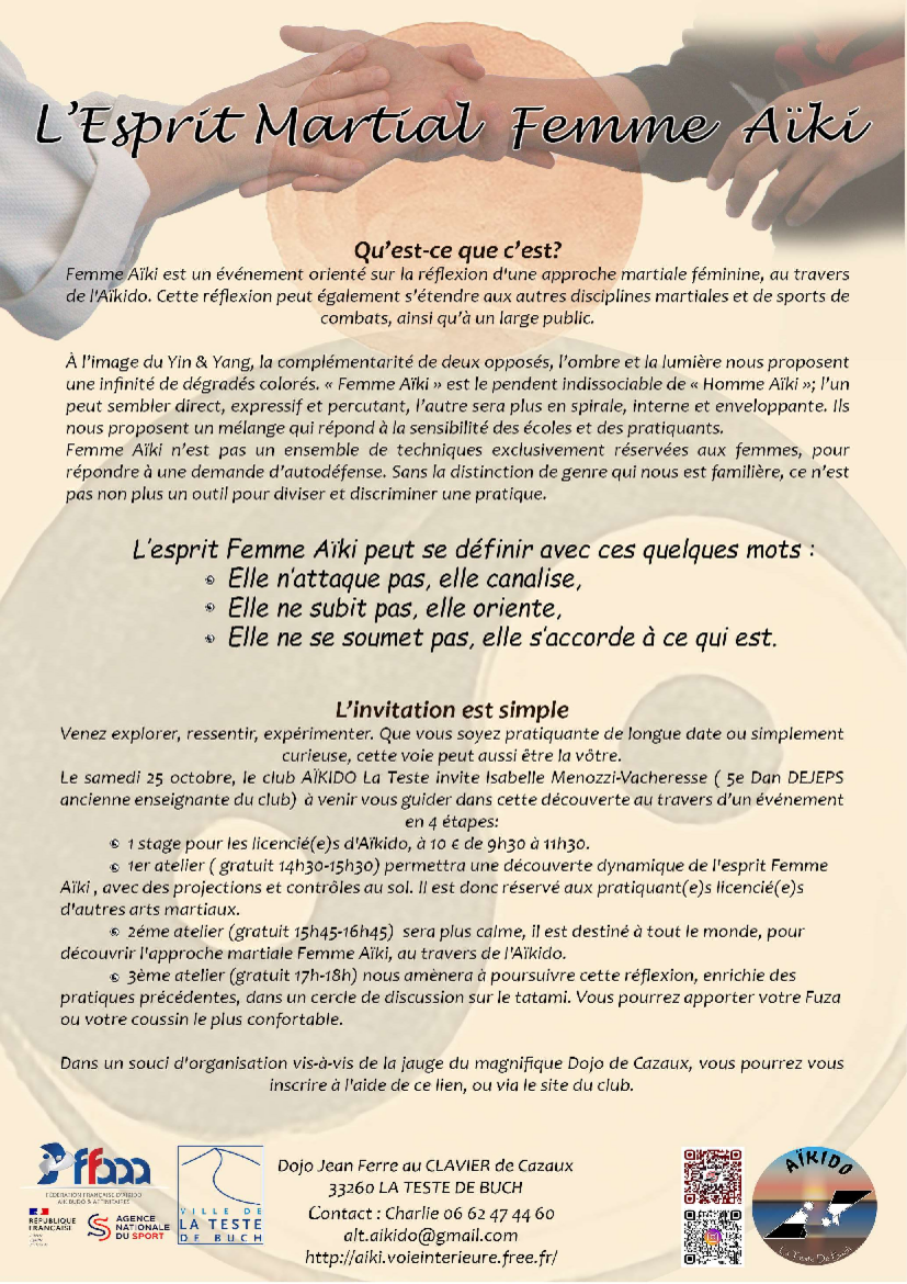 Affiche du Stage d'Aïkido à La Teste-de-Buch animé par Isabelle Menozzi et Isabelle Vacheresse le samedi 25 octobre 2025