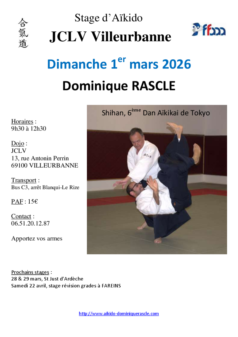 Affiche du Stage d'Aïkido à Villeurbanne animé par Dominique Rascle le dimanche 1 mars 2026