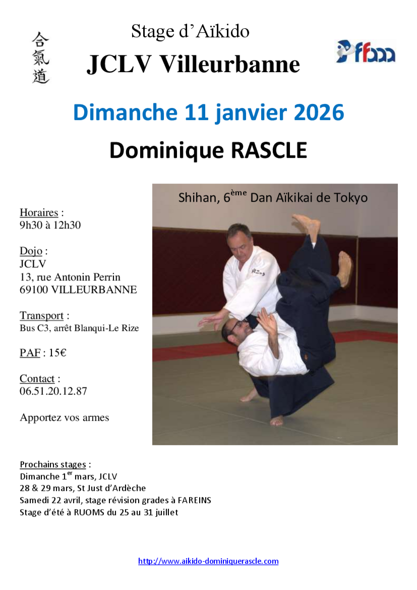 Affiche du Stage d'Aïkido à Villeurbanne animé par Dominique Rascle le dimanche 11 janvier 2026
