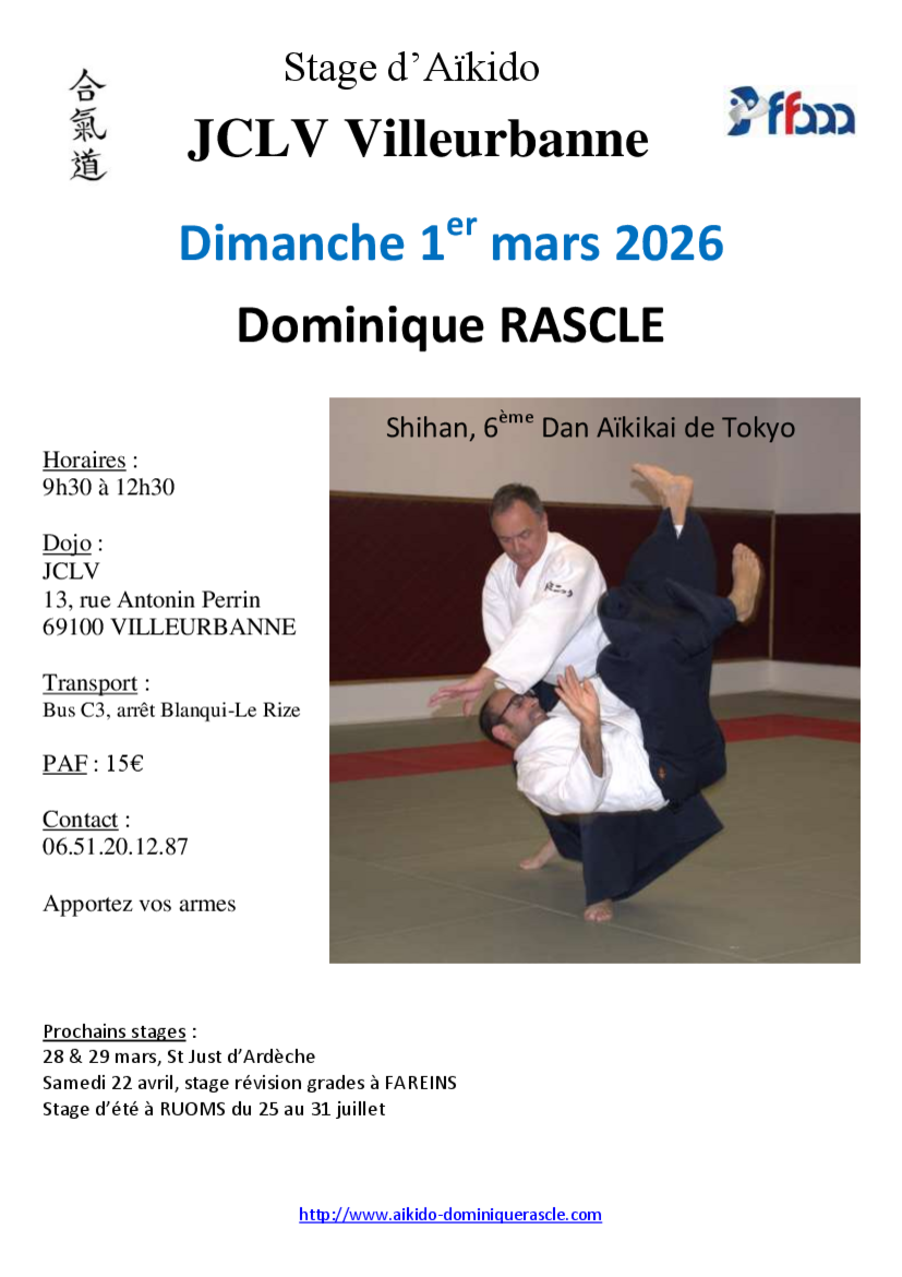 Affiche du Stage d'Aïkido à Villeurbanne animé par Dominique Rascle le dimanche 1 mars 2026