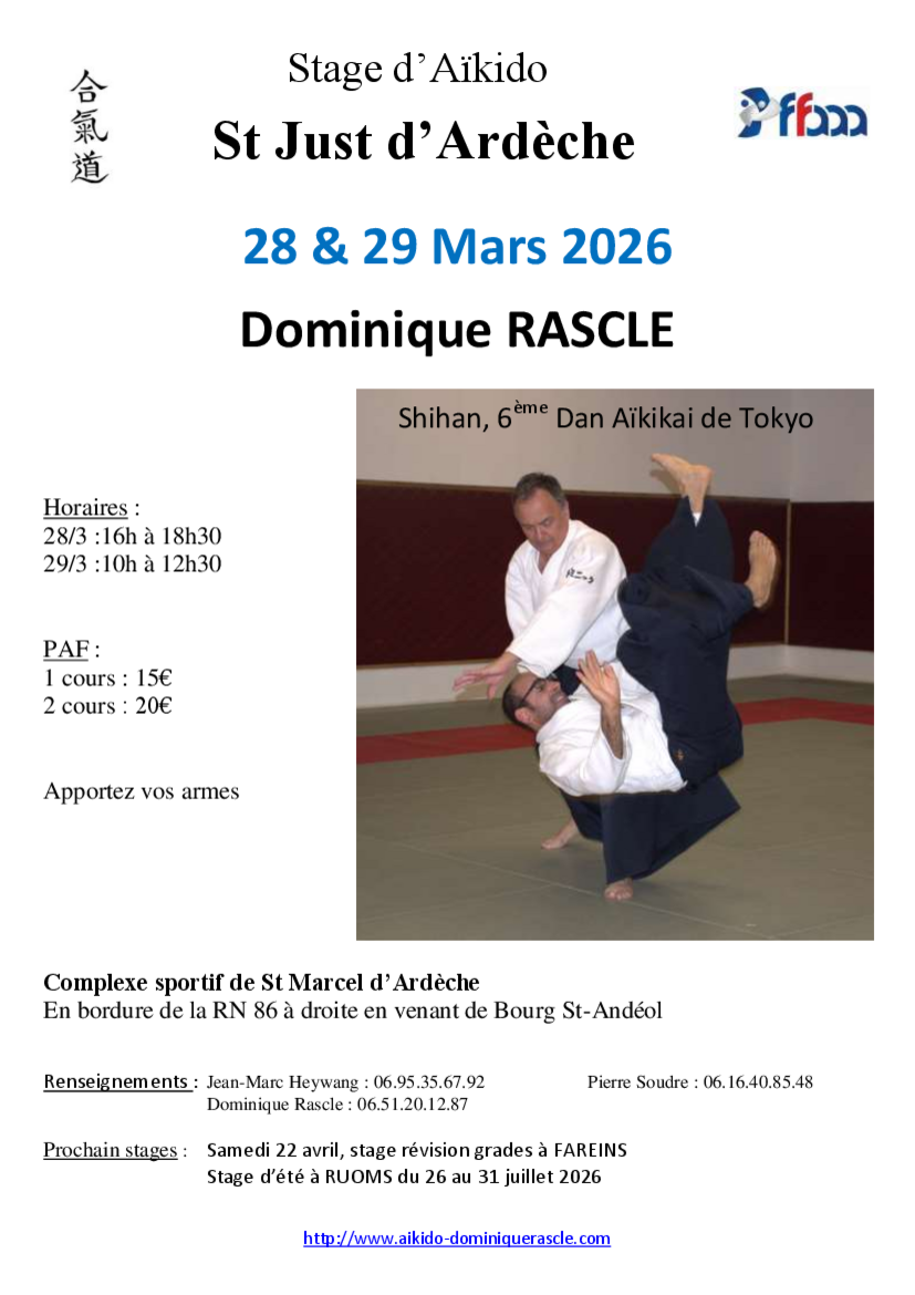 Affiche du Stage d'Aïkido à Saint-Just-d'Ardèche animé par Dominique Rascle du samedi 28 mars 2026 au dimanche 29 mars 2026