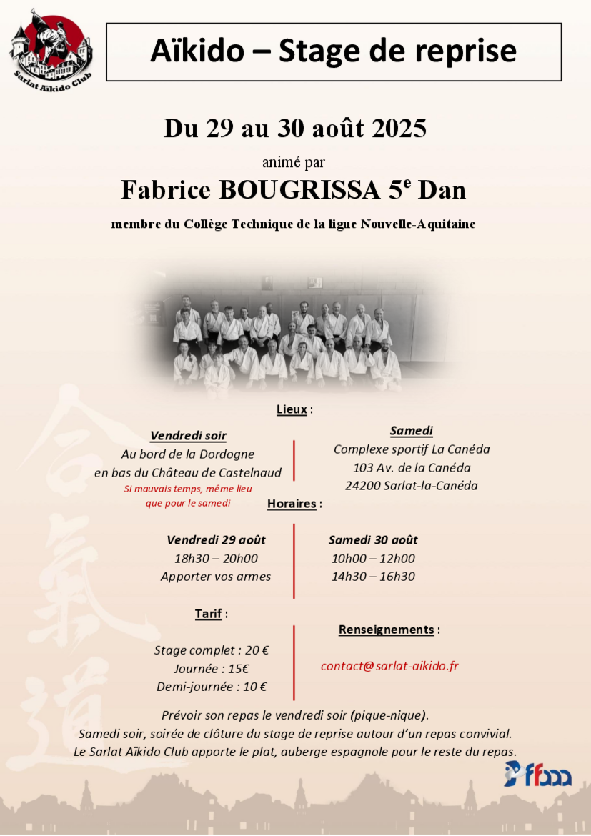 Affiche du Stage d'Aïkido à Sarlat-la-Canéda animé par Fabrice Bougrissa du vendredi 29 août 2025 au samedi 30 août 2025