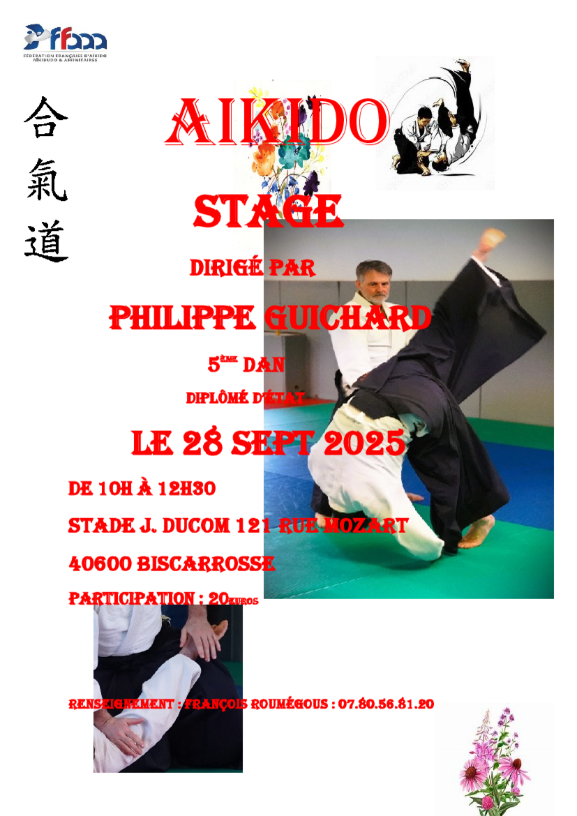 Affiche du Stage d'Aïkido à Biscarrosse animé par Philippe Guichard le dimanche 28 septembre 2025
