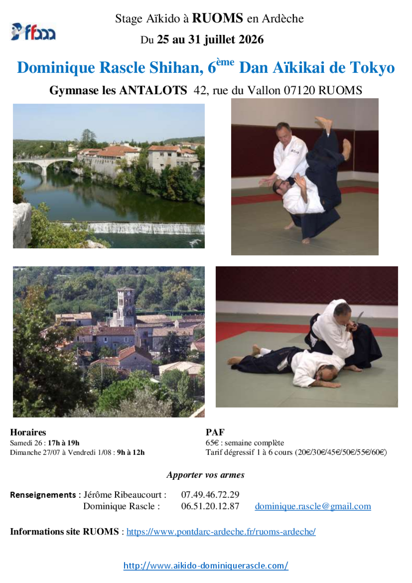 Affiche du Stage d'Aïkido à Ruoms animé par Dominique Rascle du samedi 25 juillet 2026 au vendredi 31 juillet 2026