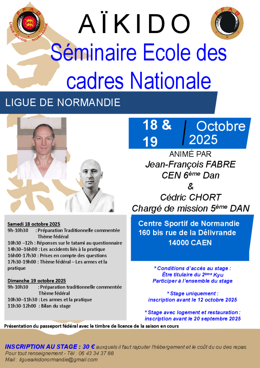 Affiche du Stage d'Aïkido à Caen animé par Jean-François Fabre et Cédric Chort du samedi 18 octobre 2025 au dimanche 19 octobre 2025