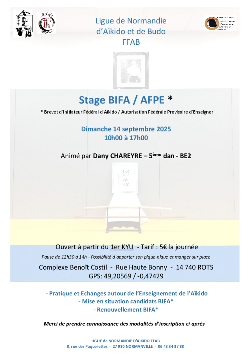 Affiche du Stage d'Aïkido à Rots animé par Dany Chareyre le dimanche 14 septembre 2025