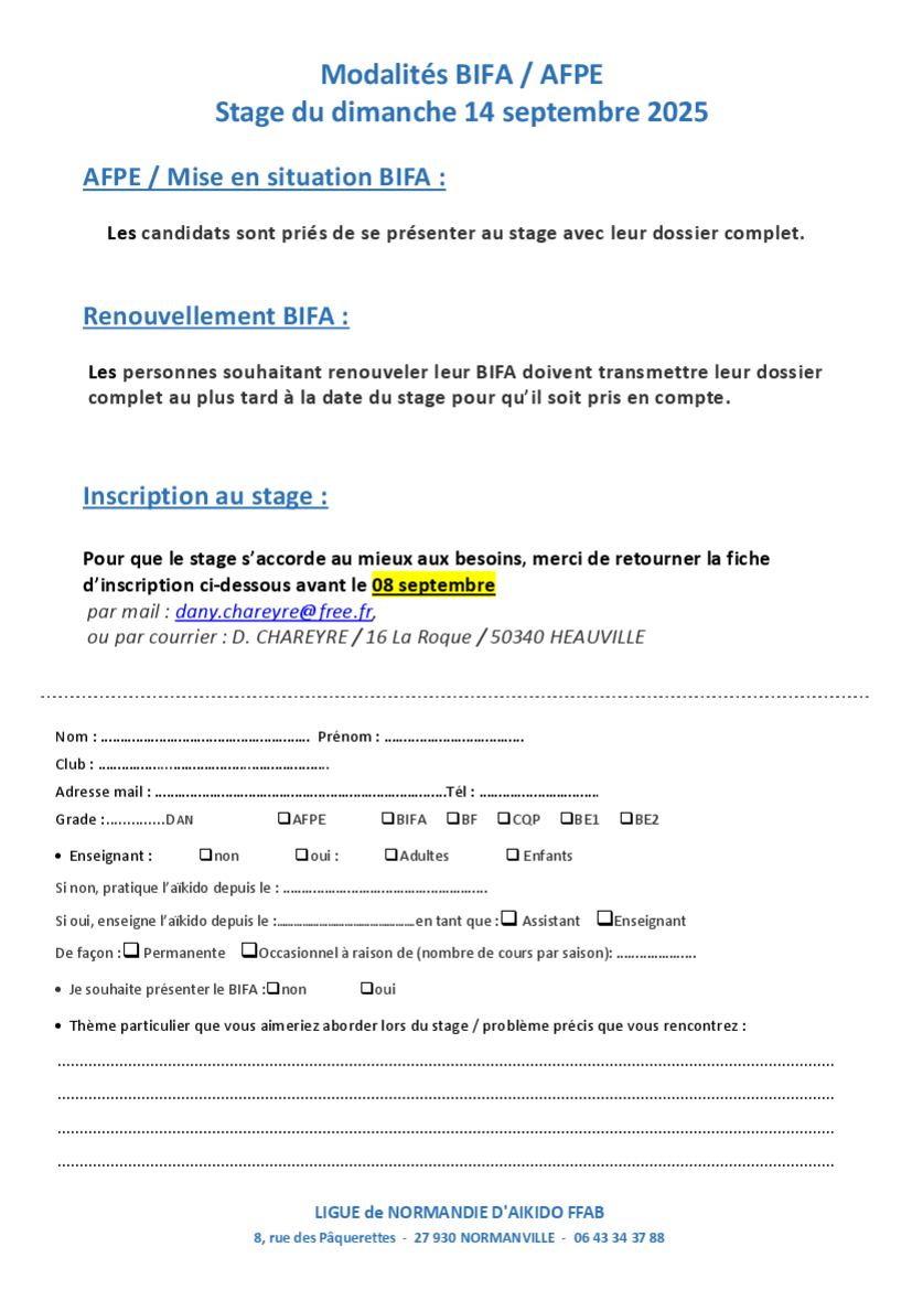 Affiche du Stage d'Aïkido à Rots animé par Dany Chareyre le dimanche 14 septembre 2025
