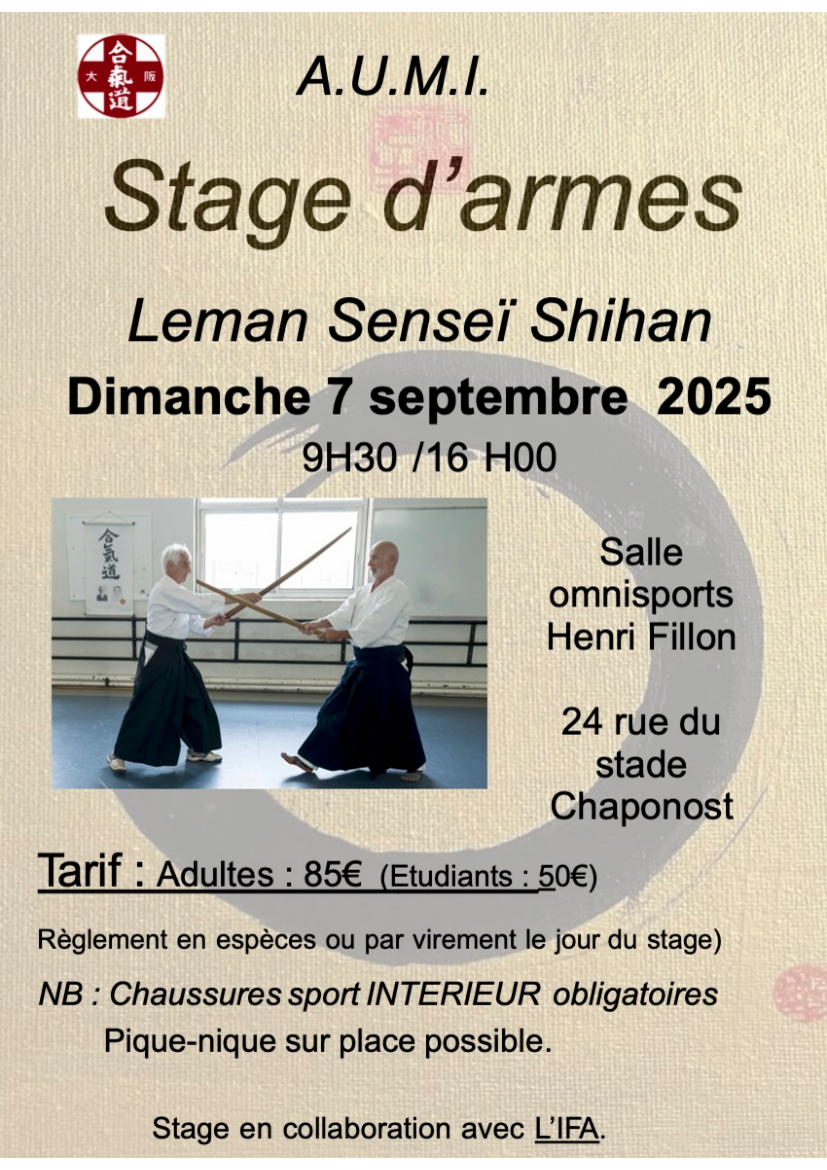 Affiche du Stage d'Aïkido à Chaponost animé par Etienne Leman le dimanche 7 septembre 2025