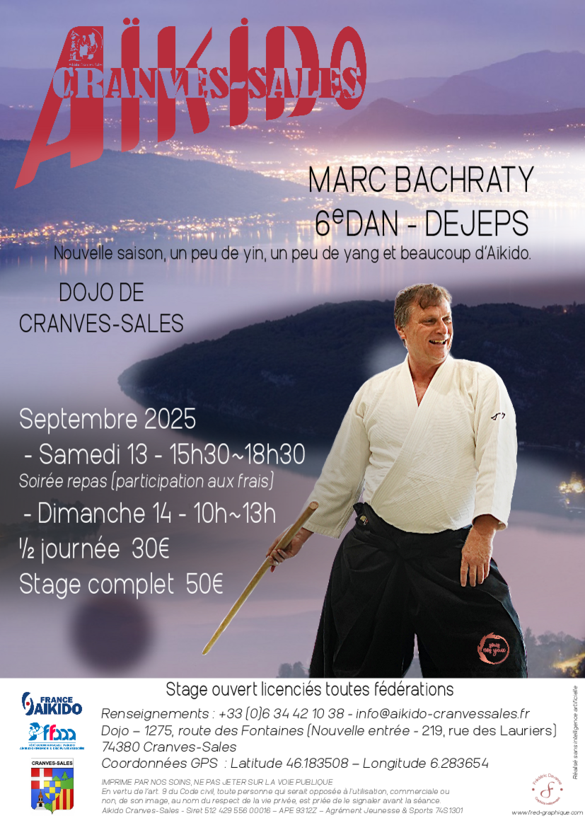 Affiche du Stage d'Aïkido à Cranves-Sales animé par Marc Bachraty du samedi 13 septembre 2025 au dimanche 14 septembre 2025
