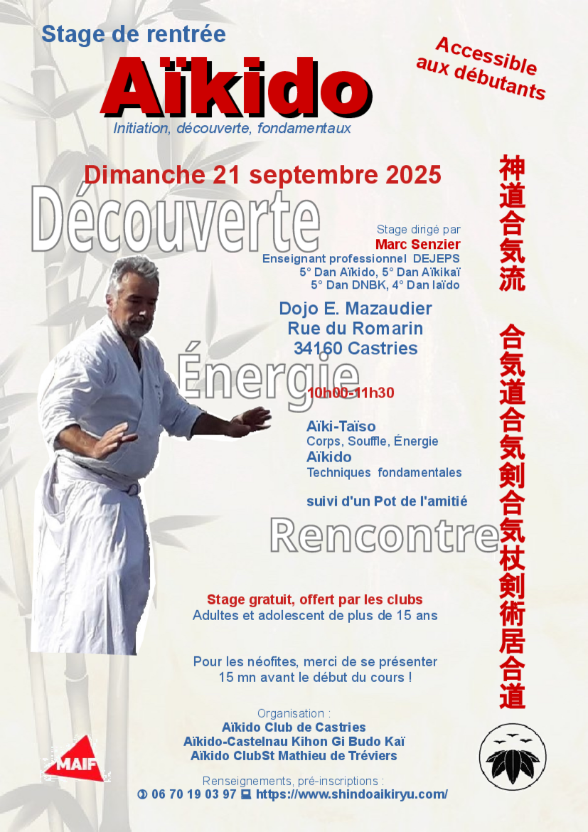 Affiche du Stage d'Aïkido à Castries animé par Marc Senzier le dimanche 21 septembre 2025