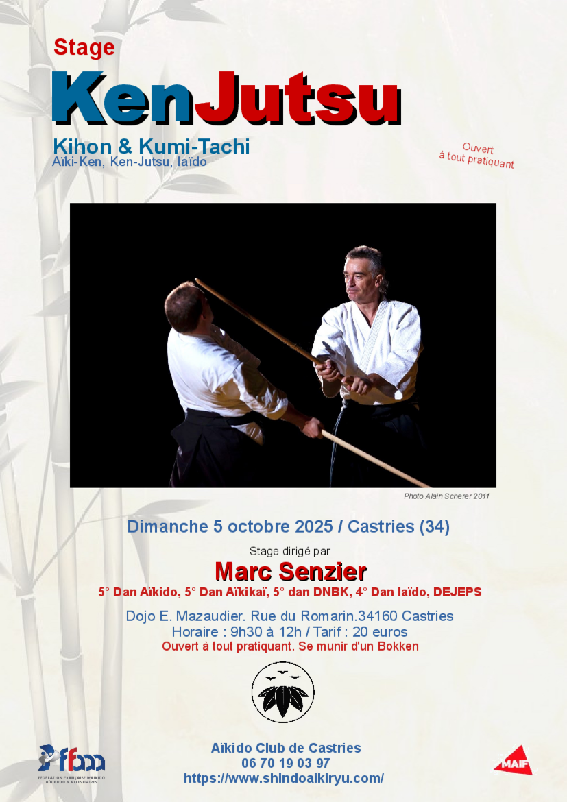 Affiche du Stage d'Aïkido à Castries animé par Marc Senzier le dimanche 5 octobre 2025