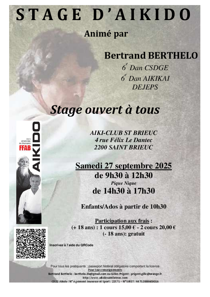 Affiche du Stage d'Aïkido à Saint-Brieuc animé par Bertrand Berthelo le samedi 27 septembre 2025