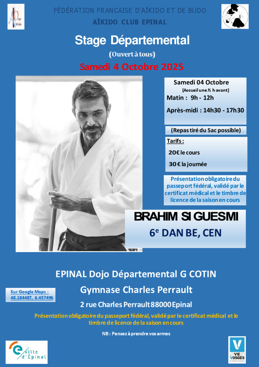 Affiche du Stage d'Aïkido à Épinal animé par Brahim Si Guesmi le samedi 4 octobre 2025