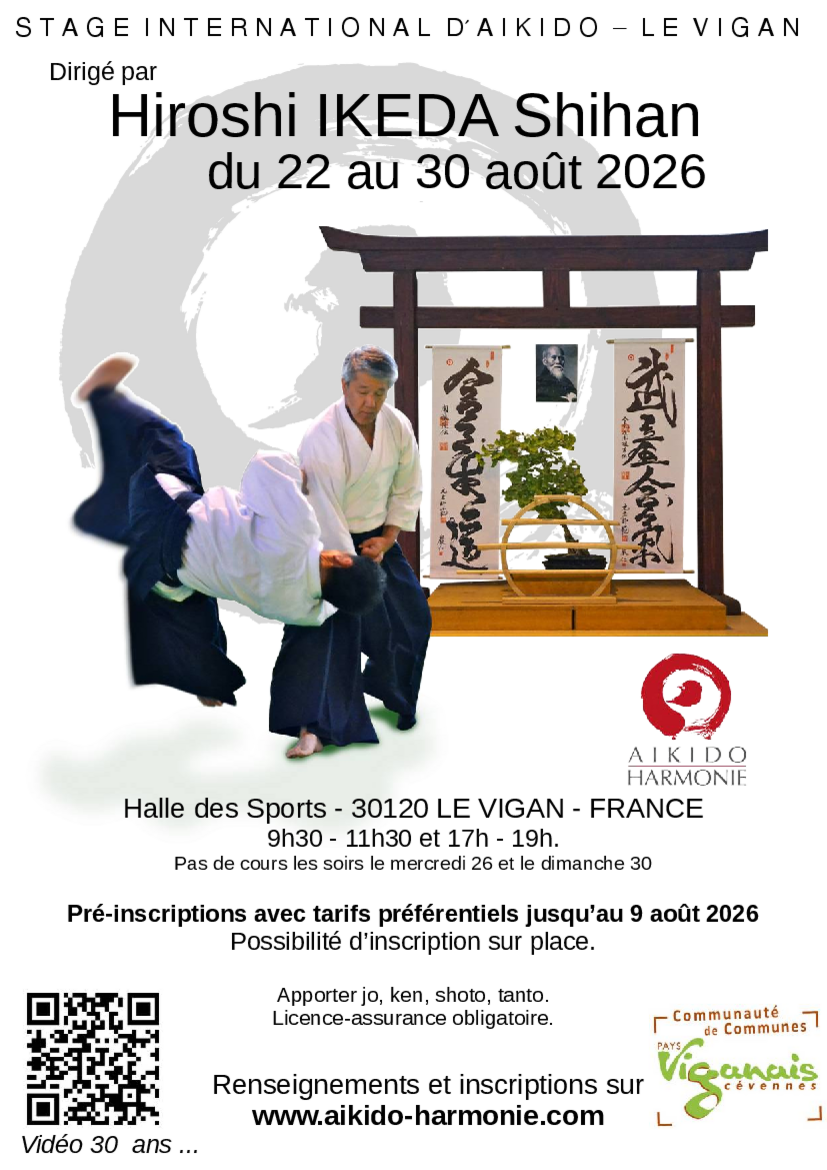 Affiche du Stage d'Aïkido à Le Vigan animé par Hiroshi Ikeda du samedi 22 août 2026 au dimanche 30 août 2026