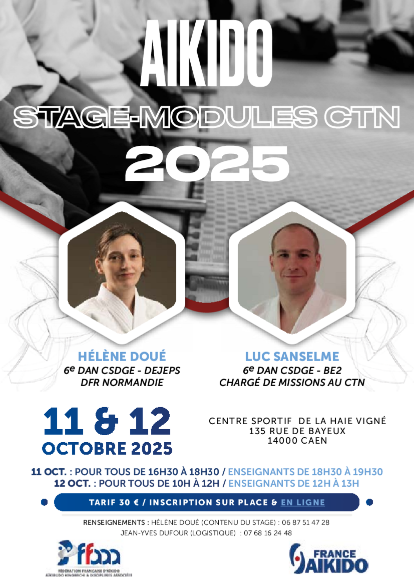 Affiche du Stage d'Aïkido à Caen animé par Hélène Doué et Luc Sanselme du samedi 11 octobre 2025 au dimanche 12 octobre 2025