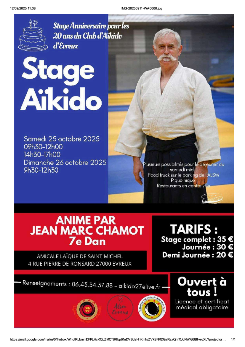 Affiche du Stage d'Aïkido à Évreux animé par Jean-Marc Chamot du samedi 25 octobre 2025 au dimanche 26 octobre 2025