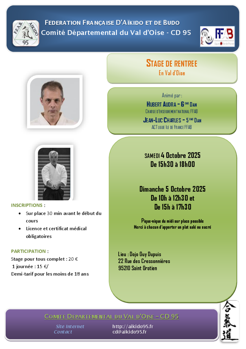 Affiche du Stage d'Aïkido à Saint-Gratien animé par Jean-Luc Charles et Hubert Audra du samedi 4 octobre 2025 au dimanche 5 octobre 2025