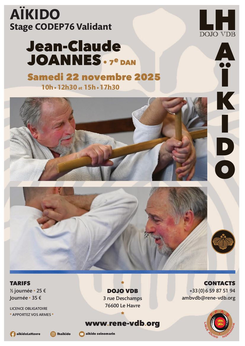 Affiche du Stage d'Aïkido à Le Havre animé par Jean-Claude Joannes le samedi 22 novembre 2025