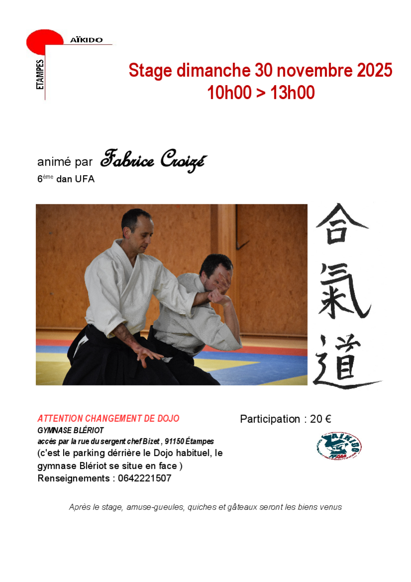 Affiche du Stage d'Aïkido à Étampes animé par Fabrice Croizé le dimanche 30 novembre 2025