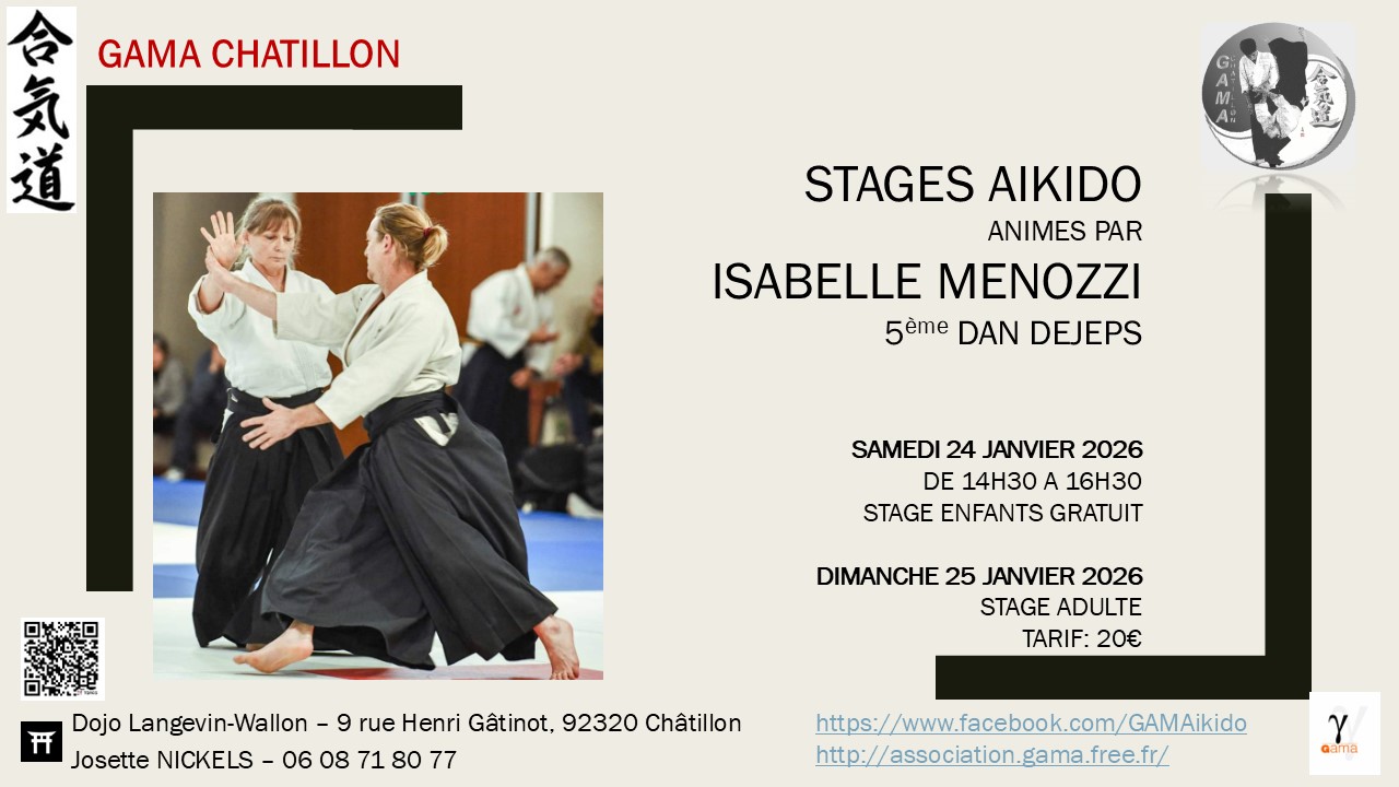 Affiche du Stage d'Aïkido à Châtillon animé par Isabelle Menozzi du samedi 24 janvier 2026 au dimanche 25 janvier 2026 Affiche du Stage d'Aïkido à Châtillon animé par Isabelle Menozzi du samedi 24 janvier 2026 au dimanche 25 janvier 2026