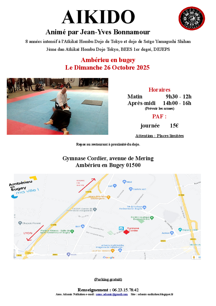 Affiche du Stage d'Aïkido à Ambérieu-en-Bugey animé par Jean-Yves Bonnamour le dimanche 26 octobre 2025