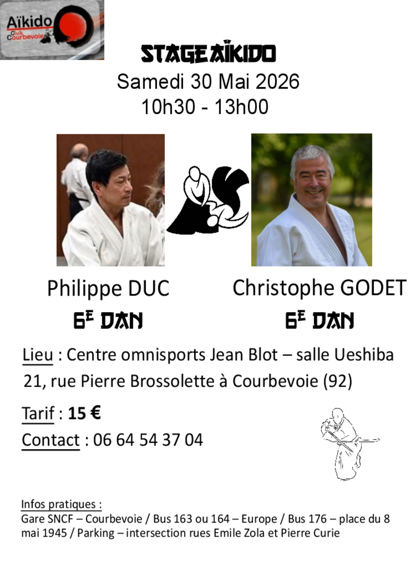 Affiche du Stage d'Aïkido à Courbevoie animé par Philippe Duc et Christophe Godet le samedi 30 mai 2026