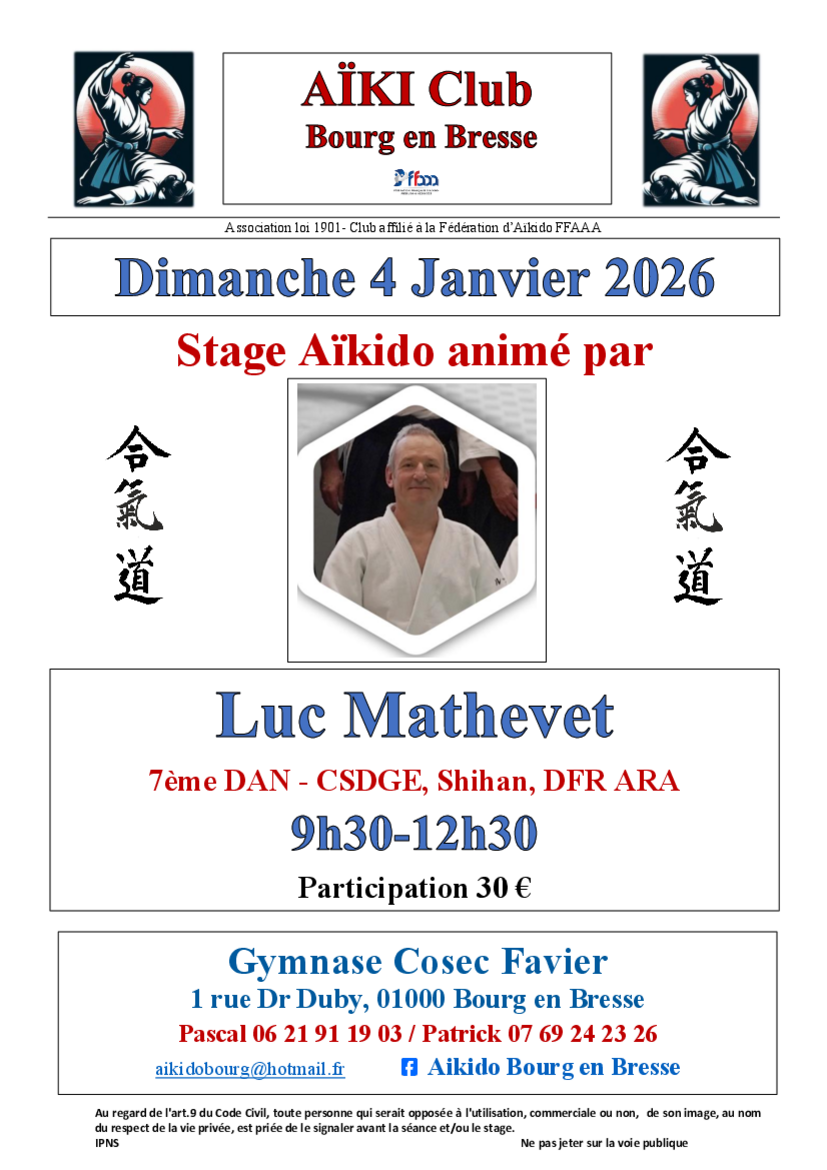 Affiche du Stage d'Aïkido à Bourg-en-Bresse animé par Luc Mathevet le dimanche 4 janvier 2026