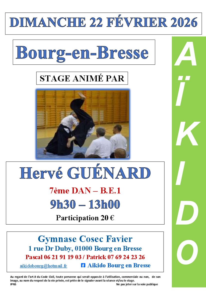 Affiche du Stage d'Aïkido à Bourg-en-Bresse animé par Hervé Guénard le dimanche 22 février 2026