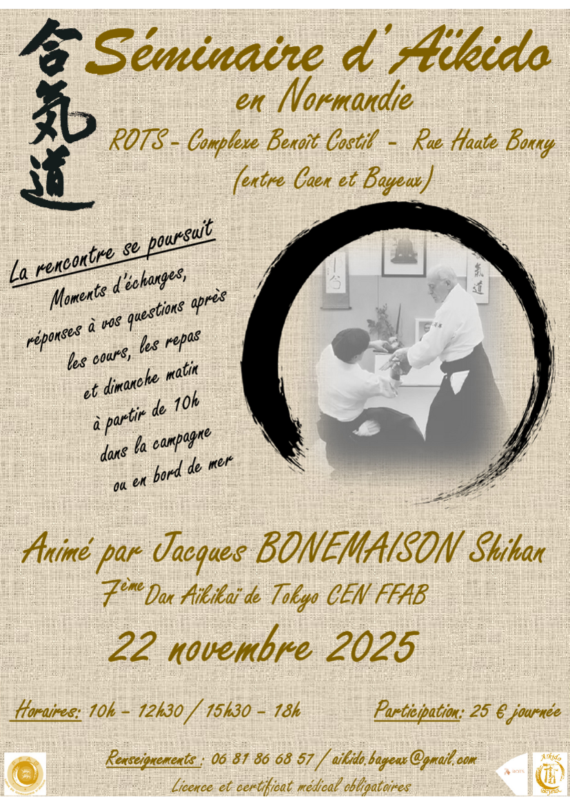 Affiche du Stage d'Aïkido à Rots animé par Jacques Bonemaison du samedi 22 novembre 2025 au dimanche 23 novembre 2025