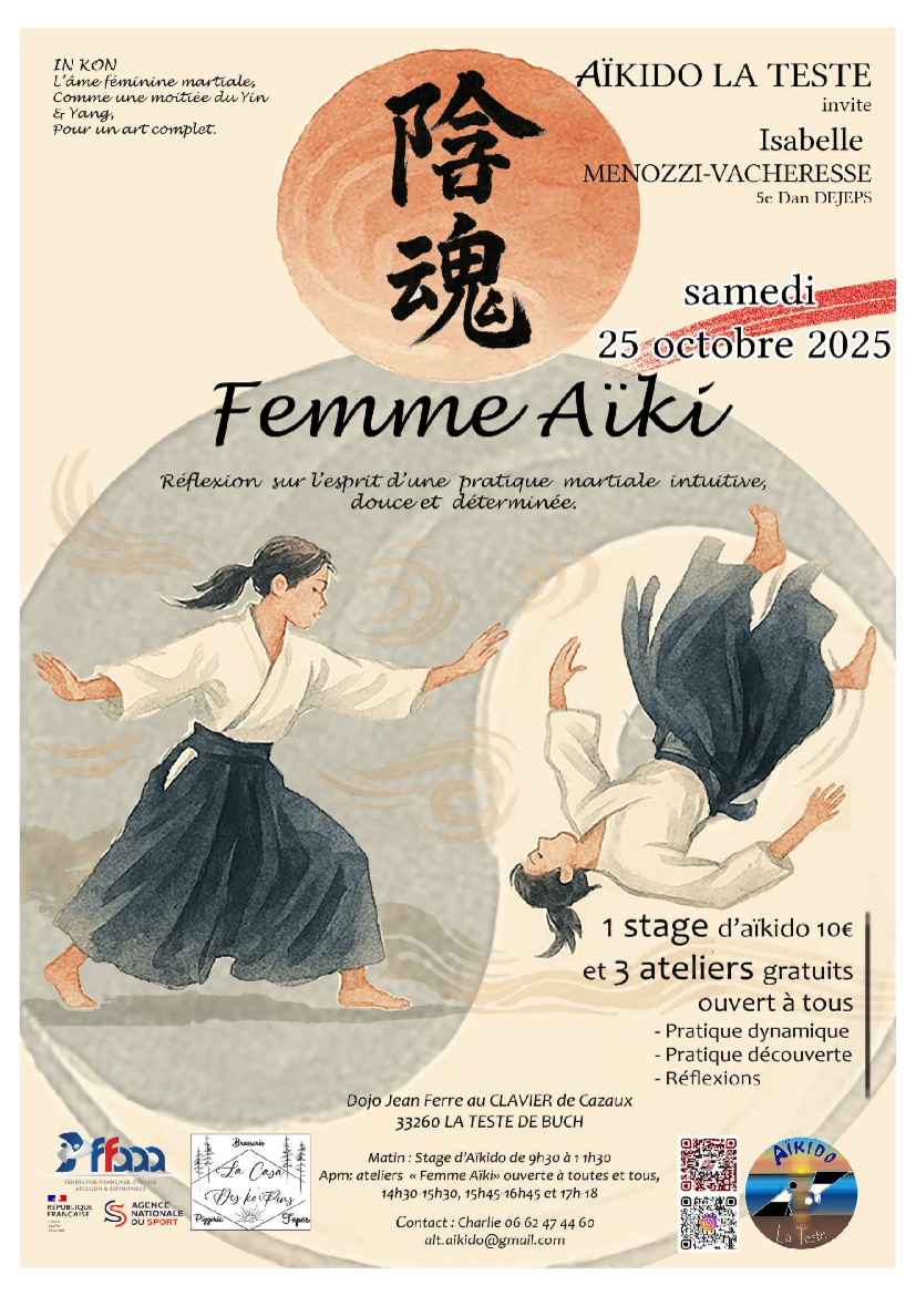 Affiche du Stage d'Aïkido à La Teste-de-Buch animé par Isabelle Menozzi et Isabelle Vacheresse le samedi 25 octobre 2025