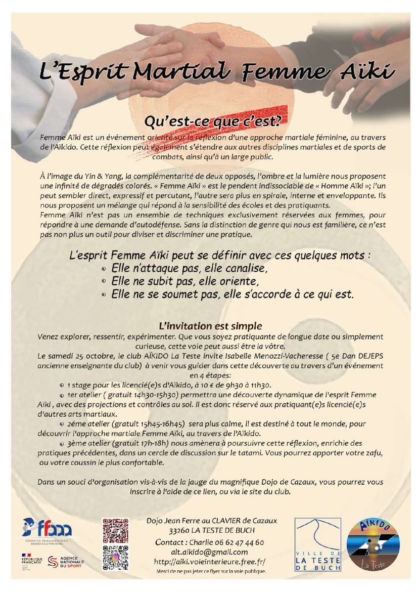 Affiche du Stage d'Aïkido à La Teste-de-Buch animé par Isabelle Menozzi et Isabelle Vacheresse le samedi 25 octobre 2025