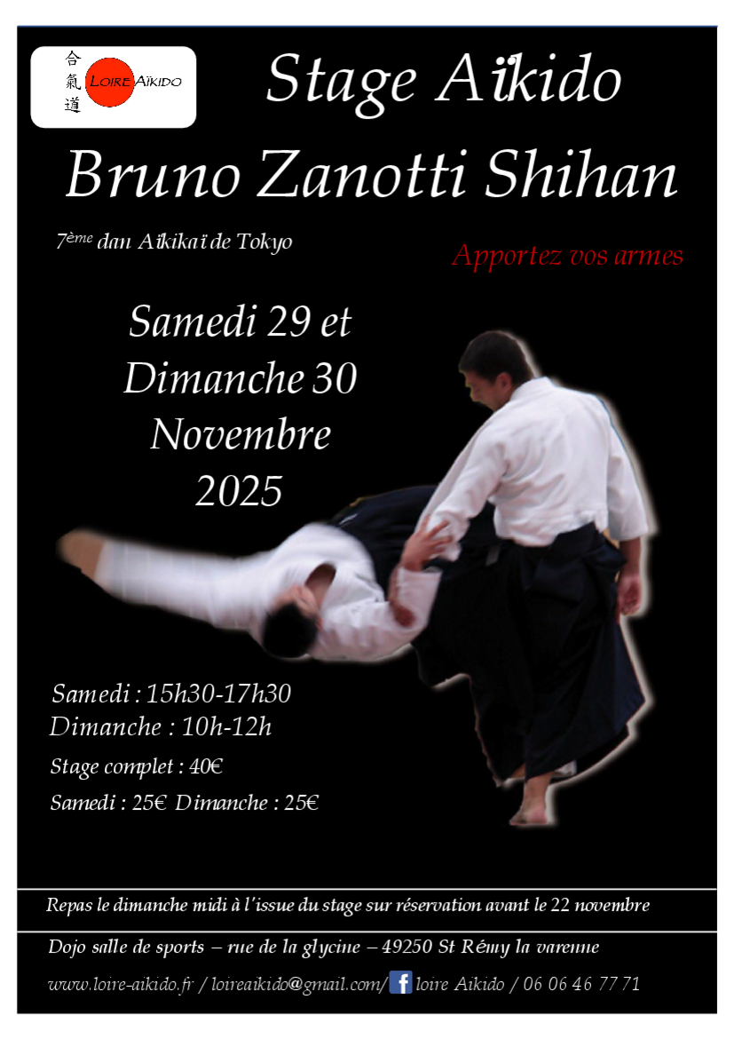 Affiche du Stage d'Aïkido à Brissac Loire Aubance animé par Bruno Zanotti du samedi 29 novembre 2025 au dimanche 30 novembre 2025