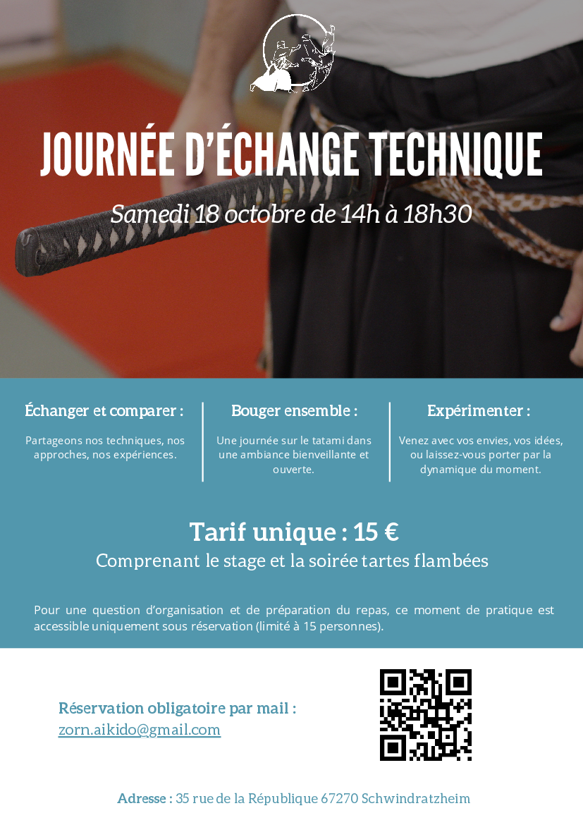 Affiche du Stage d'Aïkido à Schwindratzheim animé par Bruno Boettcher le samedi 18 octobre 2025