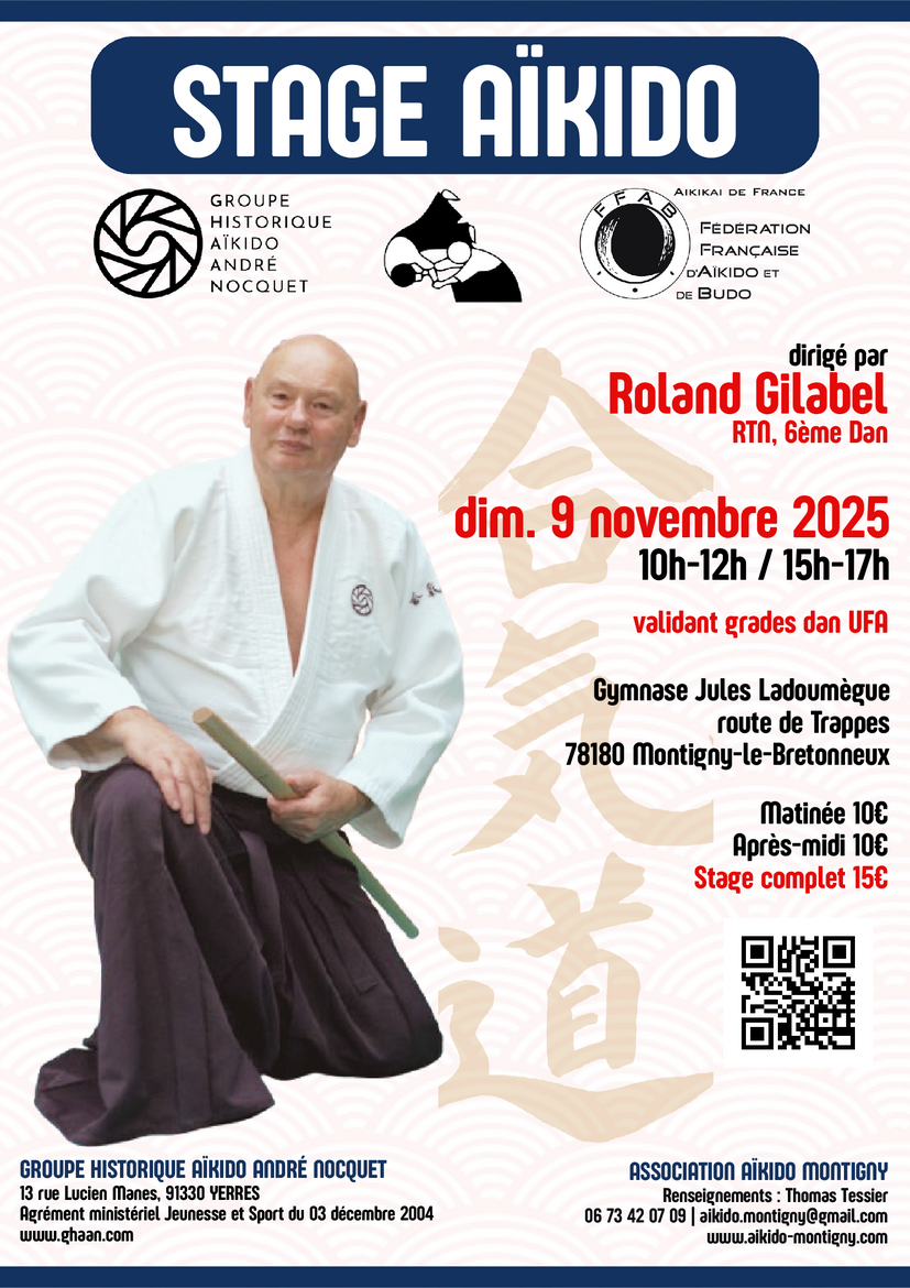 Affiche du Stage d'Aïkido à Montigny-le-Bretonneux animé par Roland Gilabel le dimanche 9 novembre 2025